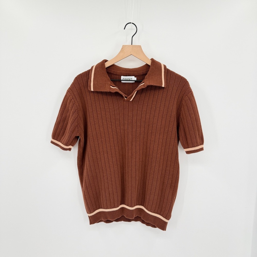 OXKnit Mod Retro 70s Polo Sweater Sz L Short Sleeve Ribbed Knit Grandpacore